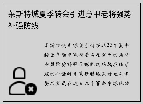 莱斯特城夏季转会引进意甲老将强势补强防线 莱斯特城夏季转会引进意甲老将强势补强防线